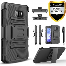 HTC U Play Case, Dual Layers [Combo Holster] Case And Built-In Kickstand Bundled with [Premium Screen Protector] Hybird Shockproof And Circlemalls Stylus Pen (Black)